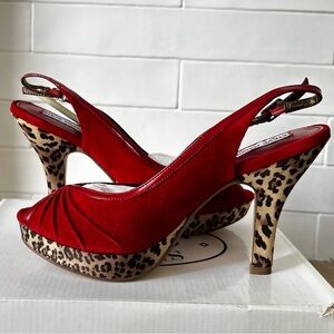 Red Vintage Peep-Toe Heels with Leopard Print